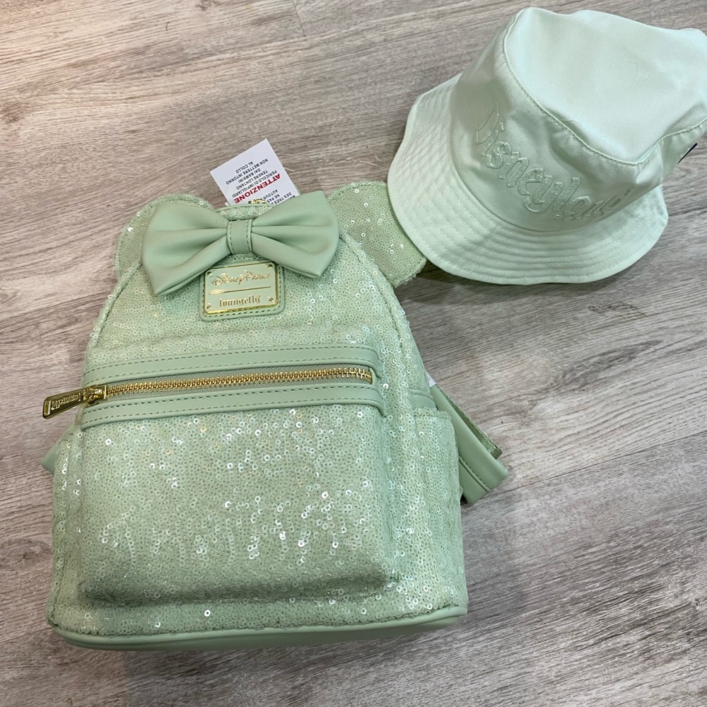 Loungefly mint green Disney backpack & bucket hat